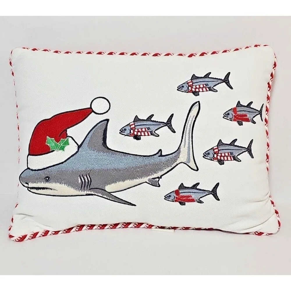 Pier 1 Imports Decorative Christmas Pillow Sharkmas Santa Shark Embroidered Fish